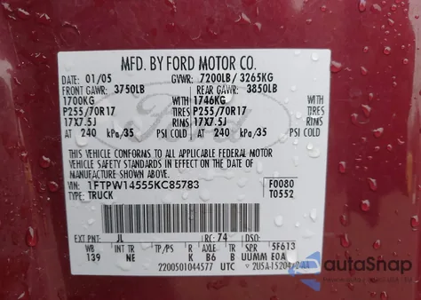 2005 Ford F-150 Fx4/Lariat/Xlt z USA, uszkodzony, nr VIN 1FTPW14555KC85783